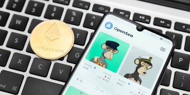 Wroclaw, Polonya - 10 Şubat 2022: Açık Deniz NFT karşılanamaz marka pazar. Dijital koleksiyonlara kripto para yatırımı