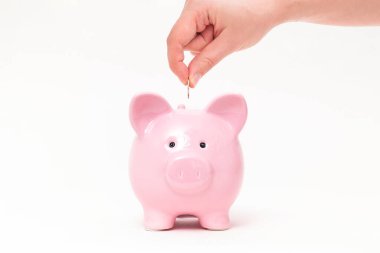 Hand puts a coin into the piggy bank. Savings and budget concept
