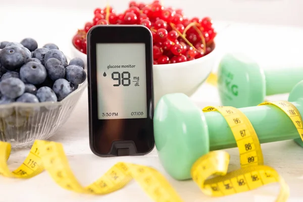 Glucometer Sugar Level Diabetes Concept Fresh Druits Bowl Diet Nutrition — Foto Stock