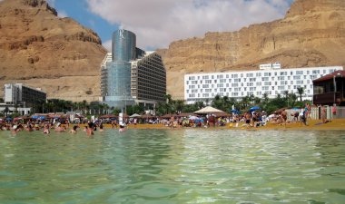 Tourists bathe in the Dead Sea, Israel clipart