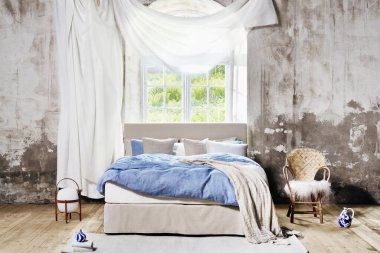 Modern lüks yatak odasının iç dekorasyonu asgari düzeyde