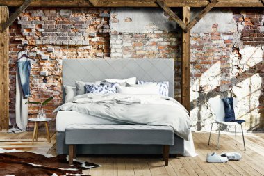 Modern lüks yatak odasının iç dekorasyonu asgari düzeyde