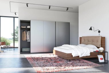 Modern lüks yatak odasının iç dekorasyonu asgari düzeyde