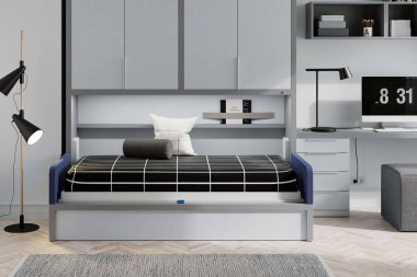 Modern lüks yatak odasının iç dekorasyonu asgari düzeyde