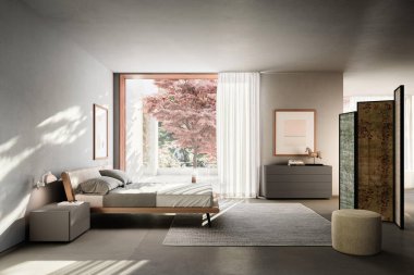 Modern lüks yatak odasının iç dekorasyonu asgari düzeyde