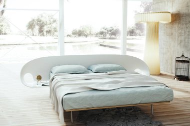 Modern lüks yatak odasının iç dekorasyonu asgari düzeyde