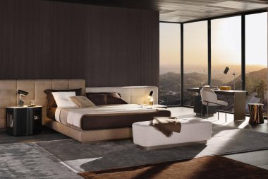 Modern lüks yatak odasının iç dekorasyonu asgari düzeyde