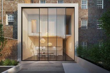 Modern lüks mutfak iç mekan, açık hava manzarası.