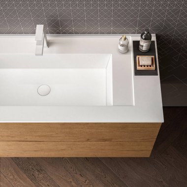 Lavabo ve musluk banyoda, minimum stil, yukarıdan görüş.