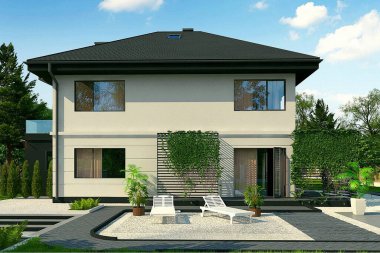 Ailesi zengin görünümlü, bahçeli köy evi, 3D çizim, ev projesi..