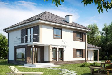 Ailesi zengin görünümlü, bahçeli köy evi, 3D çizim, ev projesi..