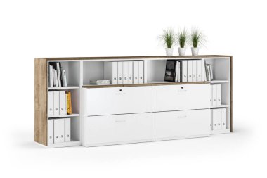 Kitapları beyaza ayrılmış beyaz raf ünitesi