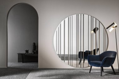 Modern lüks oturma odası. Minimum İskandinav tarzı. Büyük ayna ve mavi koltuk.