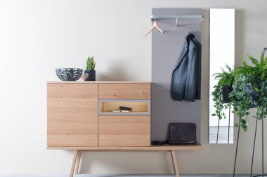 Modern apartman koridorunda ayna ve ahşap depo var.