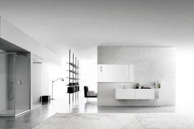 Minimum İskandinav tarzında modern lüks banyo.