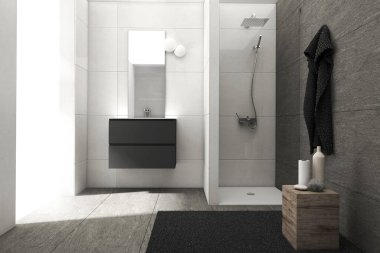 Modern banyo iç dekorasyonu minimumda.