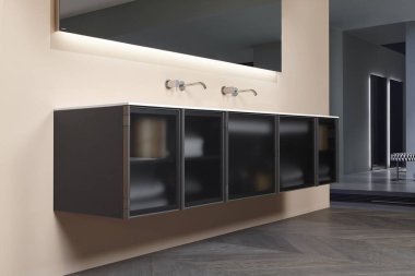 Modern banyo iç mimarisi, minimal İskandinav tarzı, siyah renkler