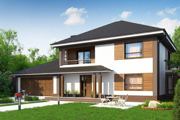 Семейный богатый деревенский дом с садом, 3d рендеринг, проект дома.