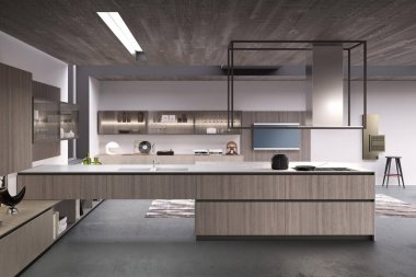 Minimum İskandinav tarzında modern lüks mutfak.