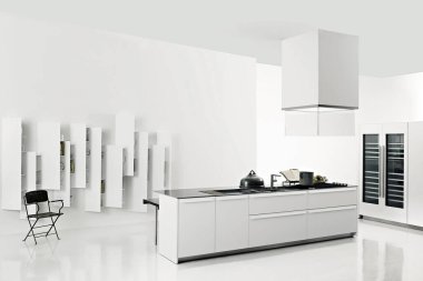 Modern luxury kitchen interior in minimal scandinavian style in white and black colors