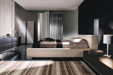 Minimum İskandinav tarzında modern lüks yatak odası.