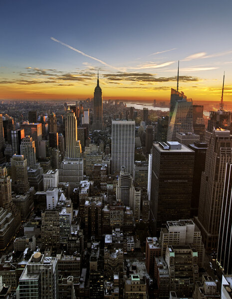 Colorful sunset over the skyline of Manhattan