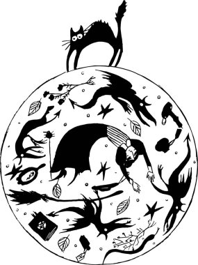 Vektör el monokrom çiziyor. Kara kedi cadı ve cadı özellikleri.