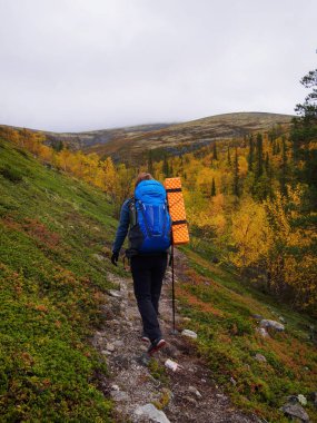 Sırt çantası ve yürüyüş direkleriyle Khibiny dağlarında genç bir kadın. Sağlıklı ve aktif yaşam tarzı kavramı. Doğa dağlarının arka planındaki kız. fotoğraf