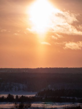 Gün batımında kar altında güzel bir kış ormanı. fotoğraf