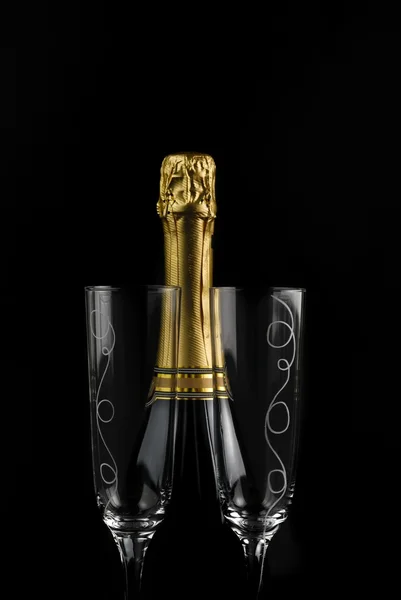 Champagner bottle with two glasses — Stock Photo, Image