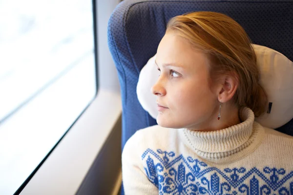 Young woman in the train. — Stock Photo, Image