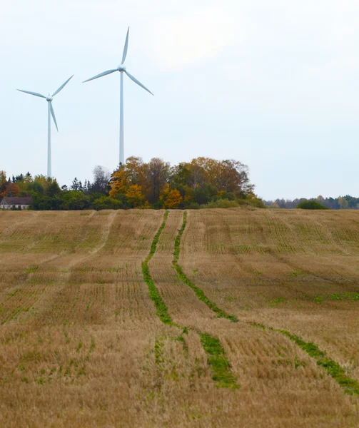 Två vindkraftverk i fältet. — Stockfoto