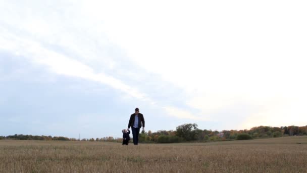 Junger Vater mit seinem Sohn auf dem Feld. — Stockvideo