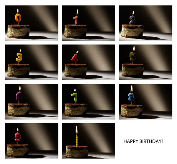 Collage von Geburtstagskerzen mit Zahlen von 0 bis 9. — Stockfoto