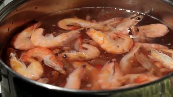 Shrimp are simmered in a saucepan. Men's hand throws new shrimp — Stock Video