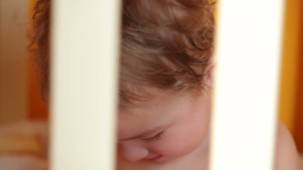 Portrait of the smiling little boy sitting in the playpen — Stock Video