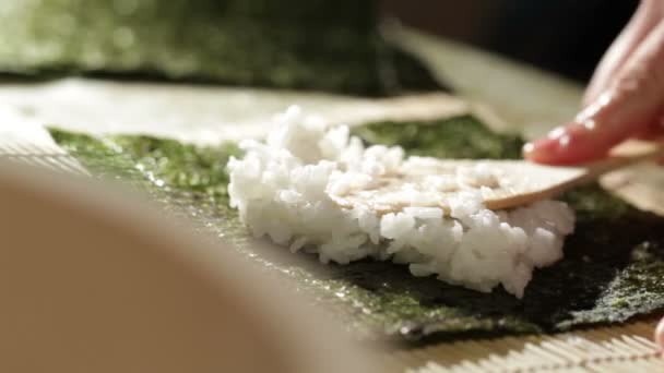 Putting rice on nori. Making sushi rolls — Stock Video