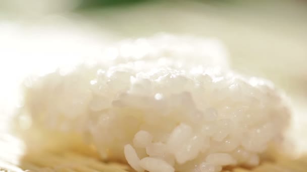 Poner trozo de salmón en el arroz. Cocinar rollos de sushi. Hermosa macro retroiluminación . — Vídeos de Stock