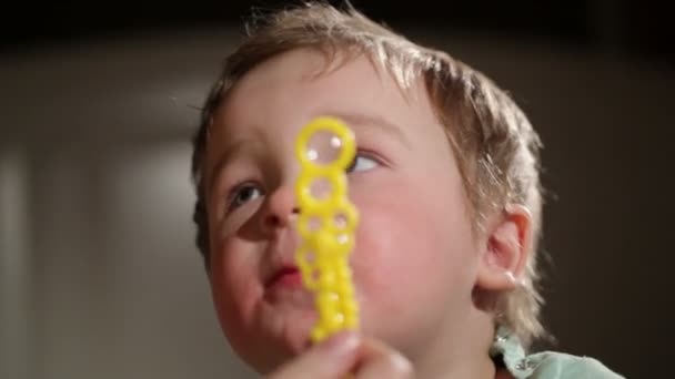 Twee jaar oude jongen blazen van zeepbellen. mooie close-up. — Stockvideo