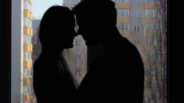 Zwei Liebende, die sich umarmen und küssen. Silhouette am Fenster. — Stockvideo