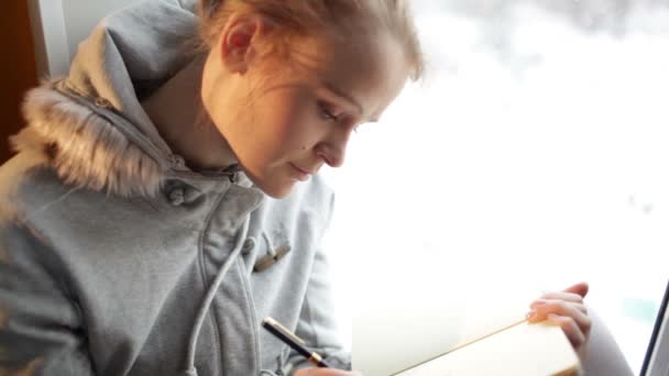 Jong meisje schrijven in haar dagboek tijdens de vergadering op een groot raam — Stockvideo