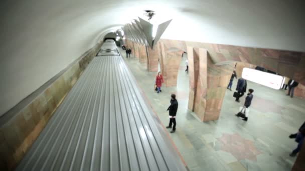 Treno in fuga dalla stazione nel tunnel . — Video Stock