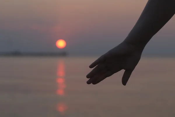 Womans hand silhouetted against a sunset — Stock Photo, Image