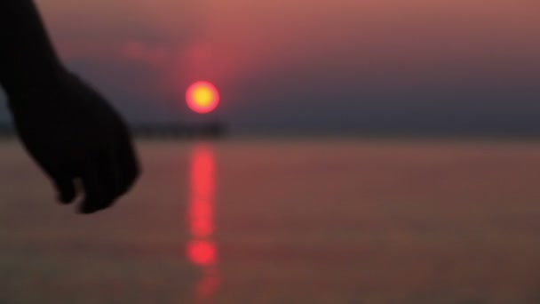 Close-up van de handen van een romantisch paar hand in hand bij zonsondergang — Stockvideo