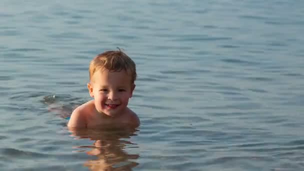 Petit garçon souriant descendant dans les eaux peu profondes au bord de la mer — Video