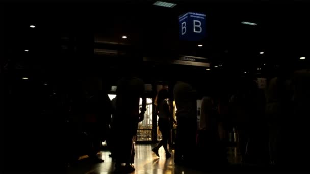 Silhouette of passengers in the airport carrying bags and luggage trolleys — Stock Video