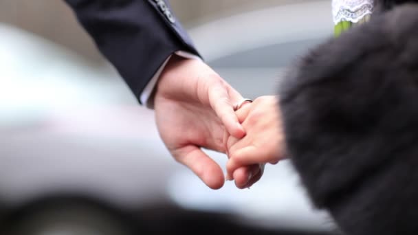 Wedding couple holding hands — Stock Video