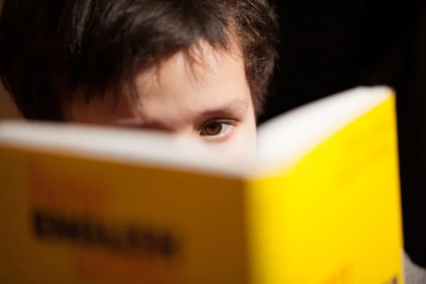 Νεαρό αγόρι επικεντρώνεται διαβάζοντας ένα βιβλίο — Φωτογραφία Αρχείου