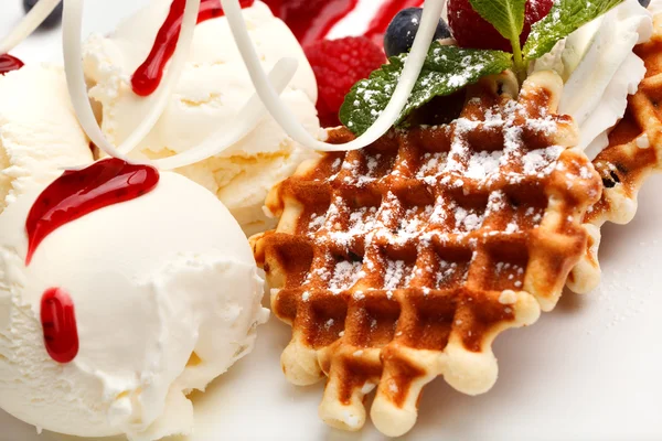 Restaurant dessert with waffles and ice-cream — Stock Photo, Image