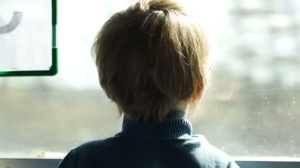 Little boy looking out the bus or train window — Stock Video